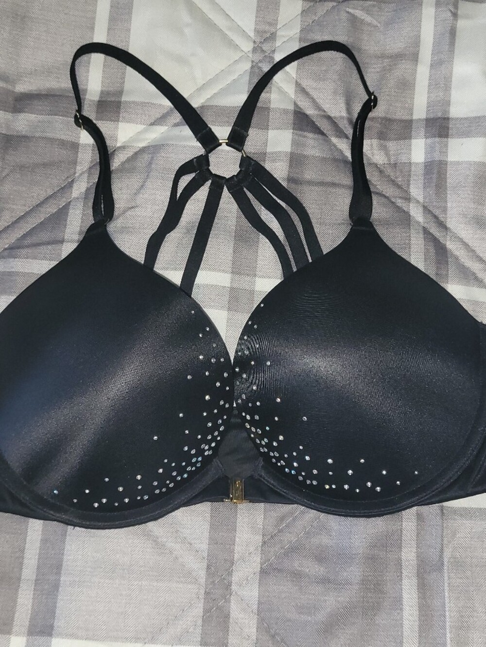 Victoria's Secret Black Rhinestone Strappy Front-Close Push-Up Bra